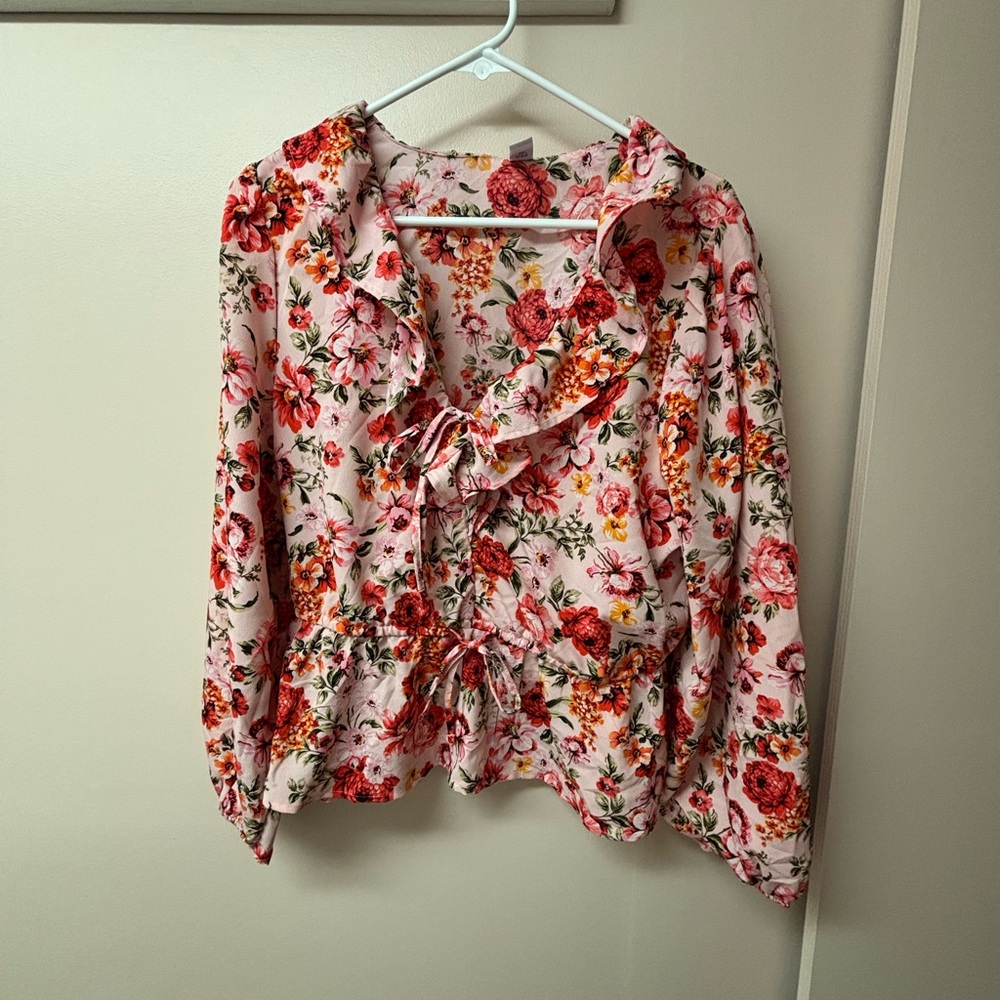 Old Navy Floral Ruffle Blouse - Pink and Red